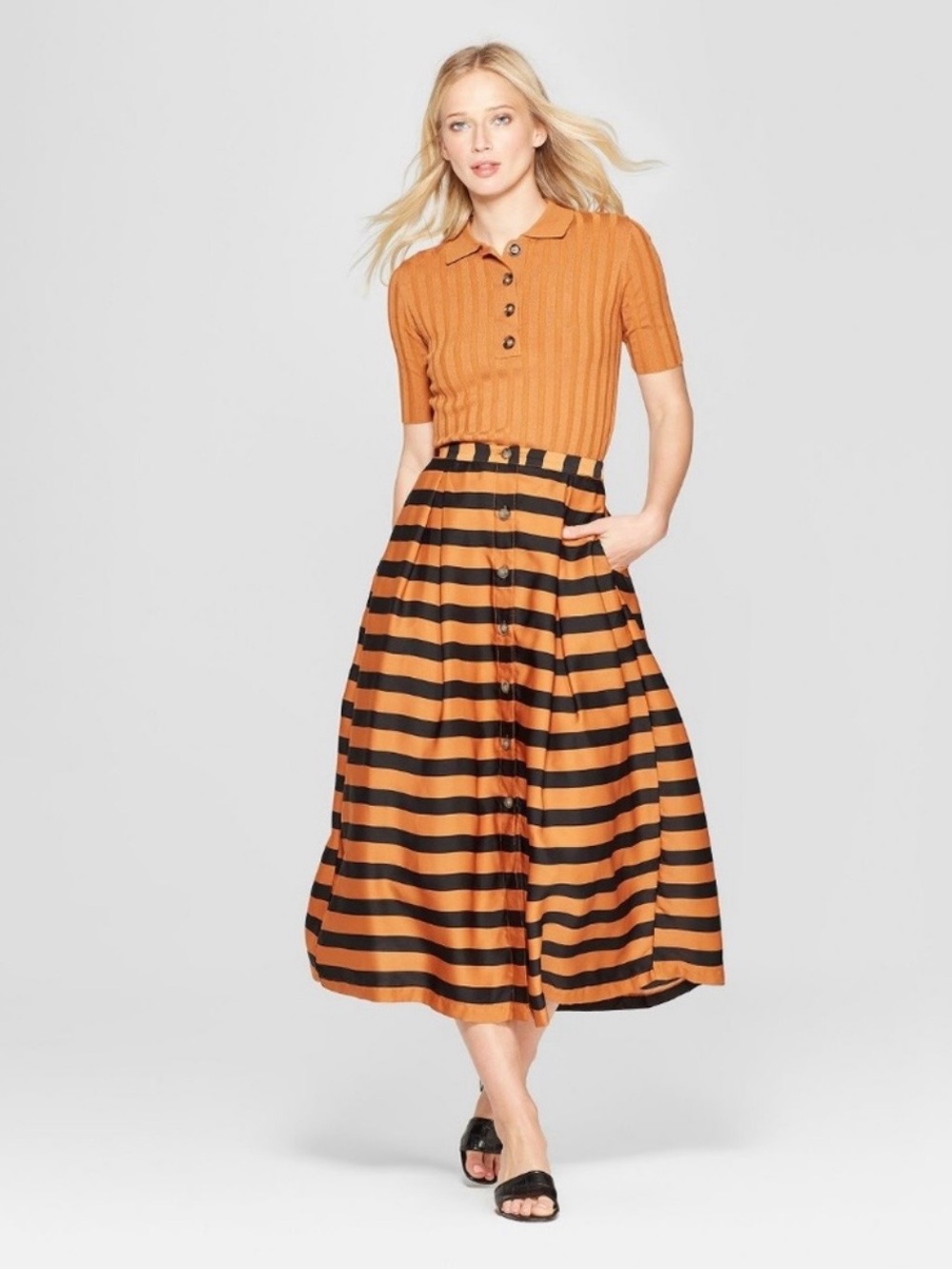 WHO WHAT WEAR STRIPED BUTTON FRONT  MIDI SKIRT, BLACK/RUST ORANGE SIZE 12